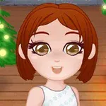 暖炉のそばでクリスマスツリーが飾られた部屋にいる茶髪のアニメ風のキャラクター。