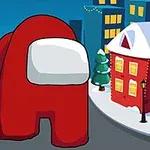 雪に覆われた街並みの中で、大きな赤いキャラクターが道の中央に立っている。