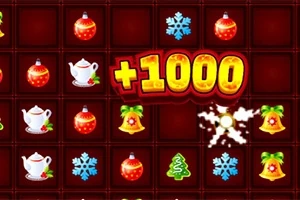 赤い背景にクリスマスをテーマにしたオーナメント、ティーポット、ベル、スノーフレークが並んでおり、中央に「+1000」と表示されています。