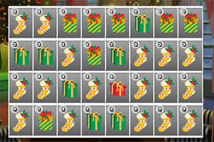 クリスマスの靴下とプレゼントの絵が並んだグリッド。