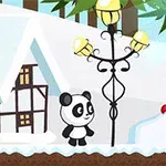 パンダが雪景色の中、街灯の近くに立っている。