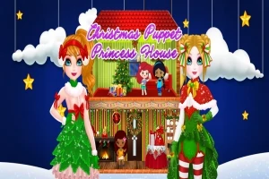 クリスマス風の衣装を着た二人のキャラクターが、星と雲が飾られた背景の前に立っており、後ろにはカラフルな家の模型があります。