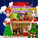 クリスマス風の衣装を着た二人のキャラクターが、星と雲が飾られた背景の前に立っており、後ろにはカラフルな家の模型があります。