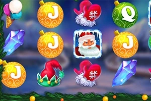 カラフルなクリスマスオーナメントやサンタクロース、エルフの帽子、氷の結晶が並んでいる画像。