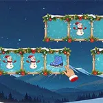 雪だるまやスケート靴のイラストがクリスマス風のフレームに描かれた夜の山の背景。