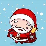 赤い服を着たかわいいサンタクロースが雪の中でベルを持って微笑んでいるイラスト。