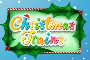 カラフルな文字で「Christmas Trains」と書かれたホリデー風のロゴ、背景にヒイラギの葉と赤い実の装飾が施されています。