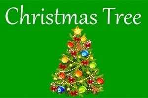 緑の背景にカラフルな飾りがついたクリスマスツリーと「Christmas Tree」の文字。
