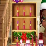 サンタ帽をかぶった黒髪のキャラクターが化粧品と一緒にいるクリスマスの装飾。