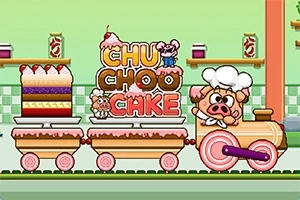 ケーキを積んだ小さな列車を運転するシェフの帽子をかぶった動物。