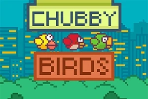 ピクセルアートスタイルの3羽のカラフルな鳥が都市の背景に並んでいるイラスト。