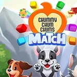 3匹のカラフルな犬が背景の山と木々の前にいて、「MATCH」という文字が中央にある。