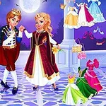 月夜の背景に、王冠をかぶった男女が王室風の服を着て踊っているイラスト。