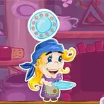 台所で帽子をかぶったキャラクターが皿を持ち、背景にレンガと食器棚があるイラスト。
