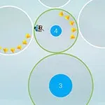 青い背景に白い円が並び、それぞれの円に数字と黄色い三角形の矢印が描かれている。