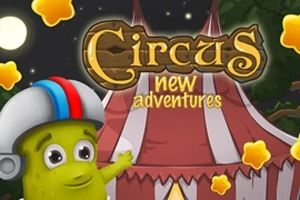 サーカステントの背景にある月夜に、ヘルメットをかぶった緑色のキャラクターと「Circus new adventures」の文字。