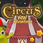 サーカステントの背景にある月夜に、ヘルメットをかぶった緑色のキャラクターと「Circus new adventures」の文字。