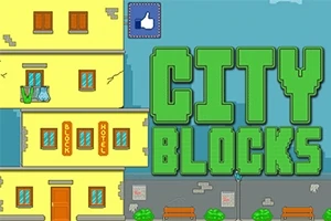 黄色い建物と大きな緑色のタイトル「CITY BLOCKS」が描かれたイラスト。