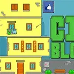 黄色い建物と大きな緑色のタイトル「CITY BLOCKS」が描かれたイラスト。