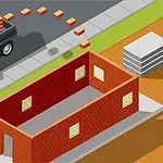 レンガを積んだトラックが通りに止まり、赤いレンガの建物の建設が進む様子。