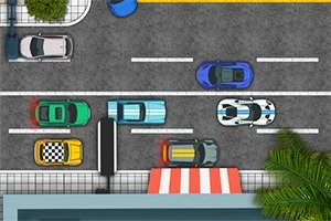 上空から見た道路に、さまざまな色とデザインの車が並んでいる様子。