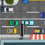 上空から見た道路に、さまざまな色とデザインの車が並んでいる様子。