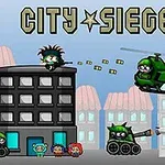 ビルの前にキャラクターや戦車、ヘリコプターが集まり、背景に複数の建物が並んでいるイラスト。