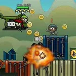 ヘリコプター、キャラクター、吹き出し、および爆発エフェクトが描かれたカートゥーン風のシーン。