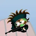 緑のヘッドバンドとマスクを着けたキャラクターが銃を構えている。