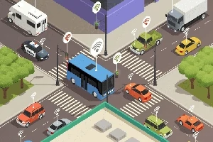 交差点で信号待ちをする車とバス、周囲にWi-Fiアイコンが表示されている街の風景。