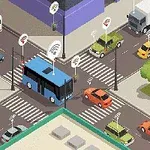 交差点で信号待ちをする車とバス、周囲にWi-Fiアイコンが表示されている街の風景。