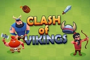 緑の背景に、3人のバイキング戦士と斧、バイキングヘルメット、剣、およびタイトルテキストが描かれている。