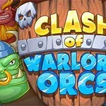 コミカルなオークとモンスターが描かれた木製の盾に、「CLASH OF WARLORD ORCS」と書かれたデザイン。
