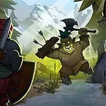 森の中で、戦士が斧を持った大きなクリーチャーと弓を持った人物に囲まれている場面。