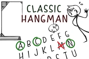 手描きのキャラクターが「CLASSIC HANGMAN」というタイトルと未完成の吊るされた人形のイラスト、そしてアルファベットが描かれた画像。