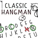 手描きのキャラクターが「CLASSIC HANGMAN」というタイトルと未完成の吊るされた人形のイラスト、そしてアルファベットが描かれた画像。