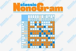青とオレンジのマスが塗り分けられたグリッドと数字のヒントが書かれたパズル。