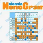 青とオレンジのマスが塗り分けられたグリッドと数字のヒントが書かれたパズル。