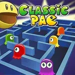 黄色のキャラクターとカラフルなゴーストが青い迷路にいるイメージ。