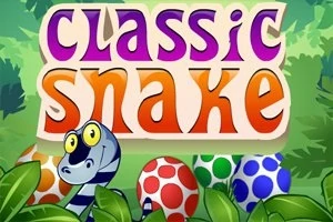 カラフルな文字で「classic snake」と書かれた看板の前に、しま模様の蛇とカラフルな斑点模様の卵が緑の背景に描かれている。