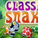 カラフルな文字で「classic snake」と書かれた看板の前に、しま模様の蛇とカラフルな斑点模様の卵が緑の背景に描かれている。