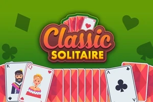 緑色の背景に「Classic Solitaire」という文字とカードが並んでいるイラスト。