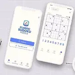 2台のスマートフォンが卓上に置かれており、1台には数独のロゴが表示され、もう1台には数独のパズルが表示されている。