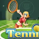 金髪のアニメ風キャラクターが、テニスラケットを構えてテニスコートに立っているイラスト。