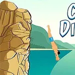 崖から海に飛び込む男性のイラスト。