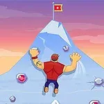腕にタトゥーを持つ男性が、頂上に赤い旗が立つ山を登っているイラスト。
