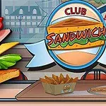 サンドウィッチが描かれたロゴとトースト、レタス、ハム、チーズが重ねられたサンドウィッチのイラスト。