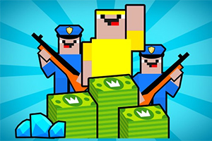警官のキャラクターが武器を持ち、黄色い服のキャラクターと大金と宝石を背景にしているイラスト。