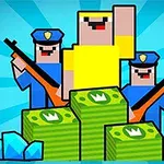 警官のキャラクターが武器を持ち、黄色い服のキャラクターと大金と宝石を背景にしているイラスト。