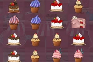 色とりどりのケーキやカップケーキが並ぶスイーツのイラスト。